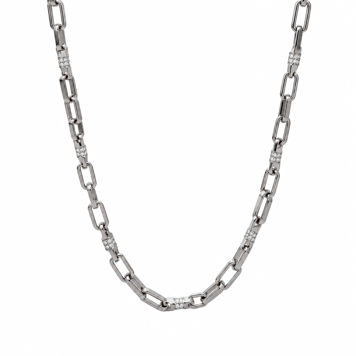 Silver rectangular-link chain with sparkling stone-set accents.