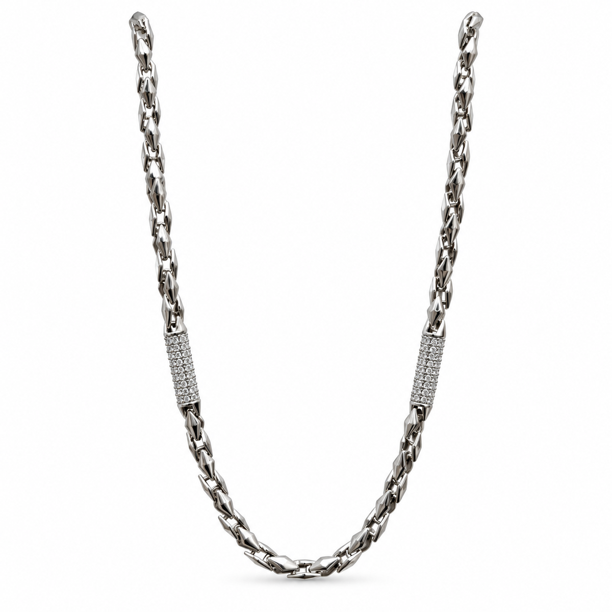 Silver link chain with stone-studded accents.