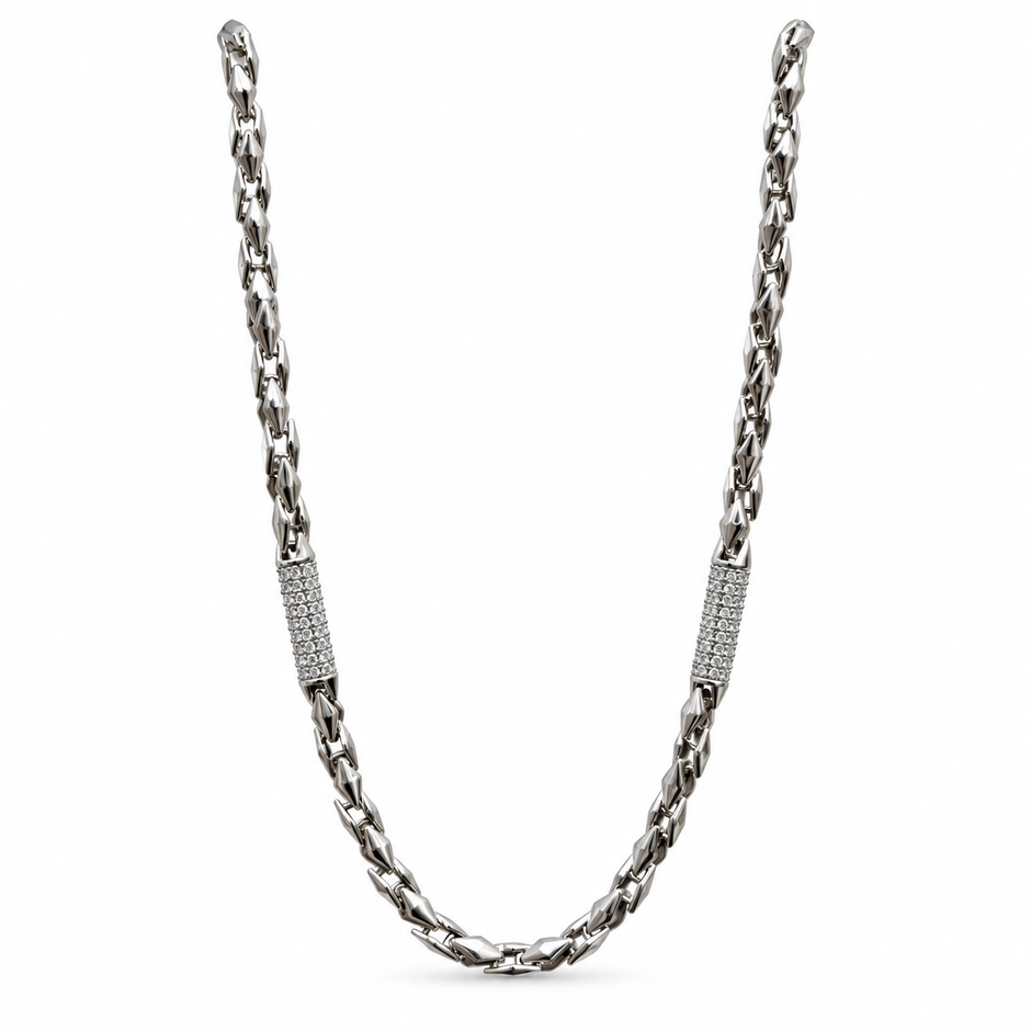 Silver link chain with stone-studded accents.