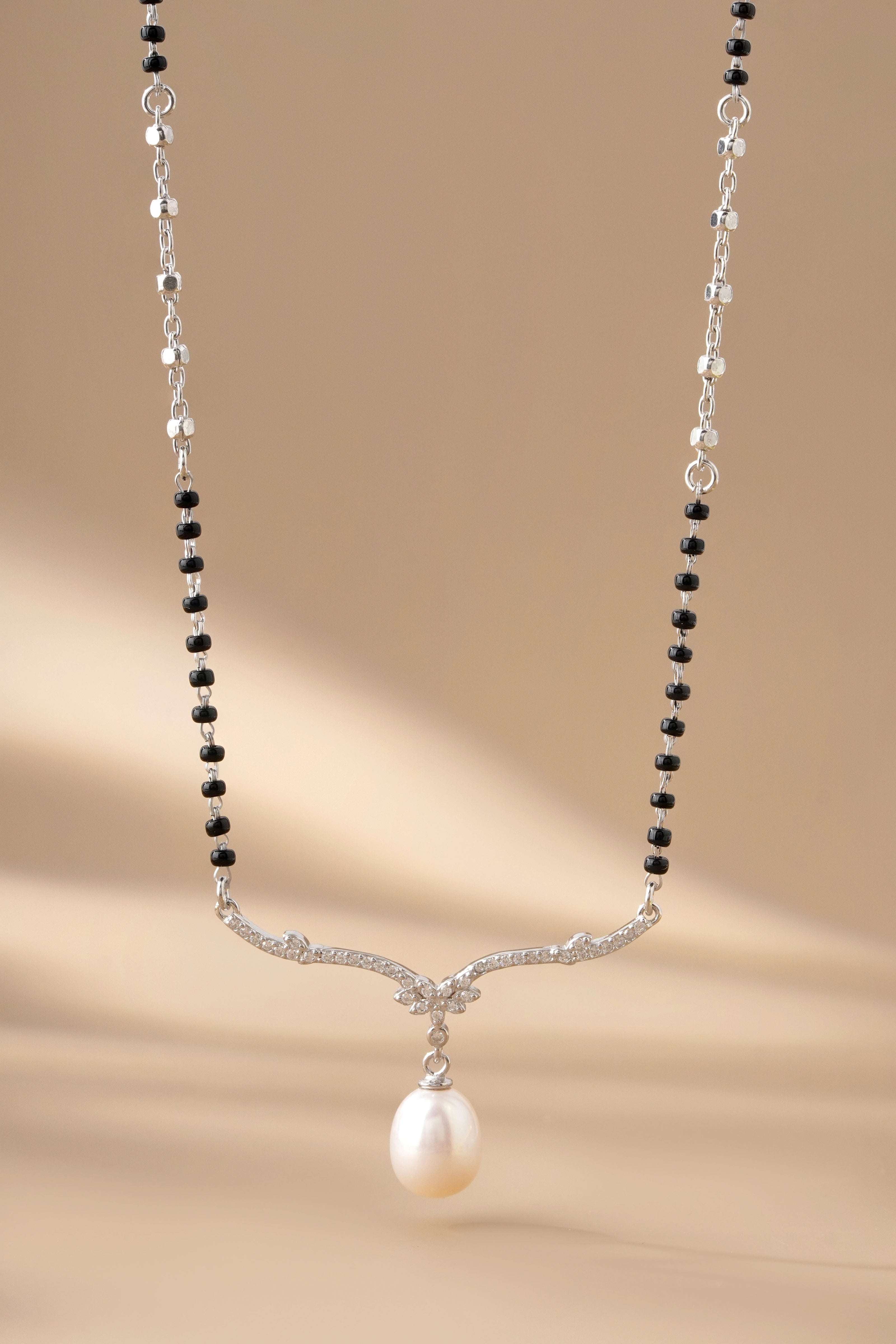 Minimal Black Bead Chain with Pearl Drop 925 Sterling Silver Mangalsutra for Women