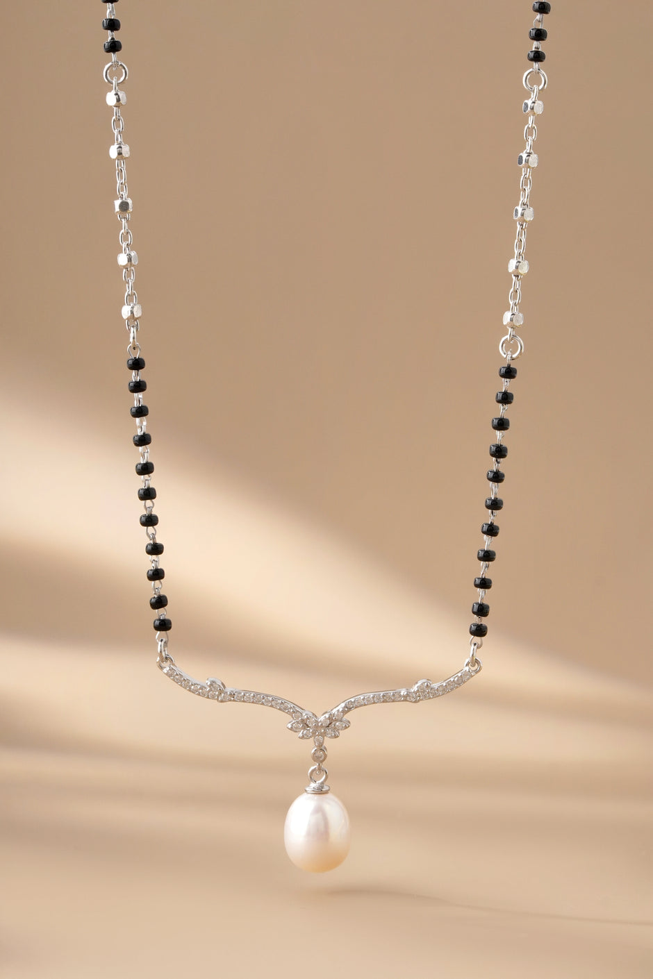 Minimal Black Bead Chain with Pearl Drop 925 Sterling Silver Mangalsutra for Women