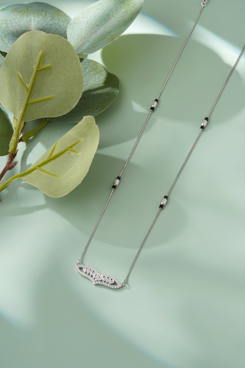 Crystal Leaf Design 925 Sterling Silver Mangalsutra for Women