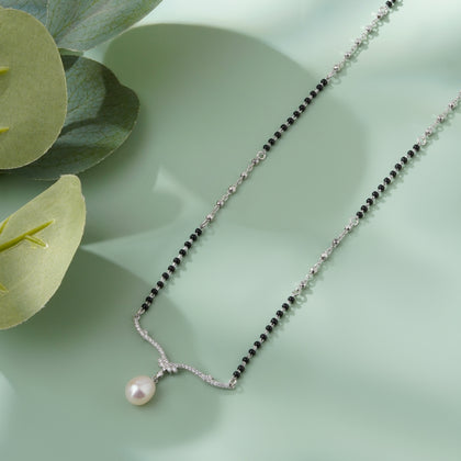 Minimal Black Bead Chain with Pearl Drop 925 Sterling Silver Mangalsutra for Women