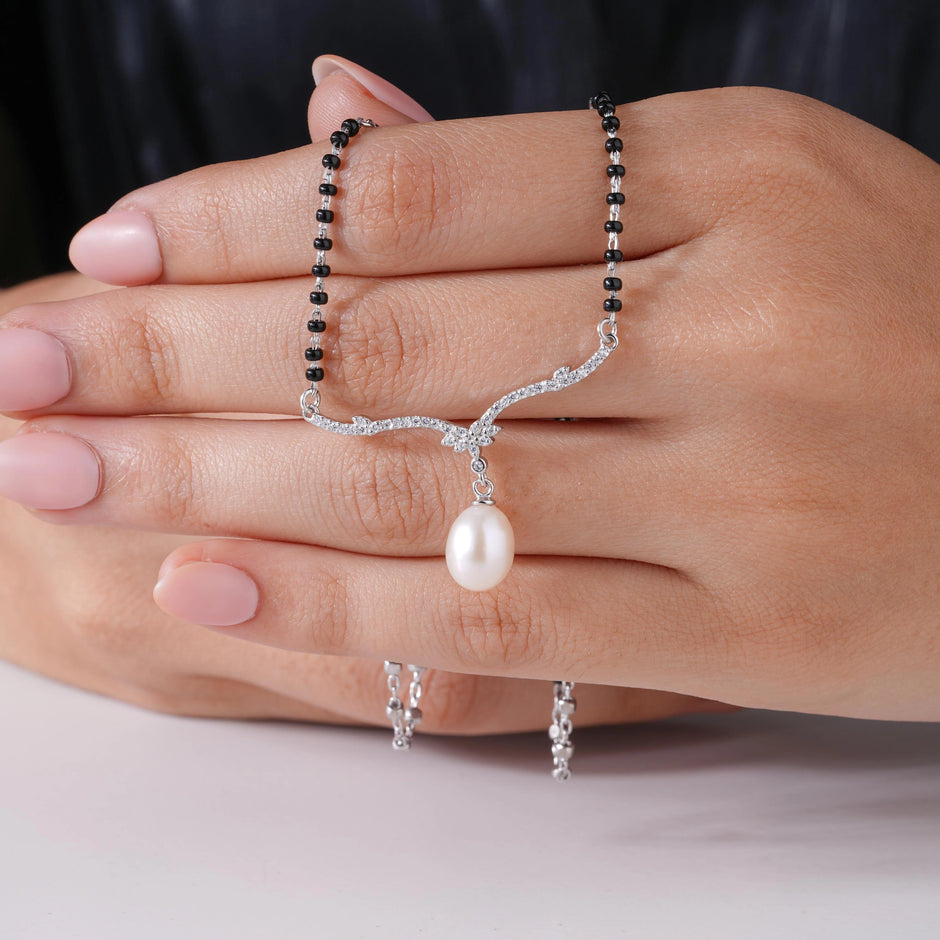 Minimal Black Bead Chain with Pearl Drop 925 Sterling Silver Mangalsutra for Women