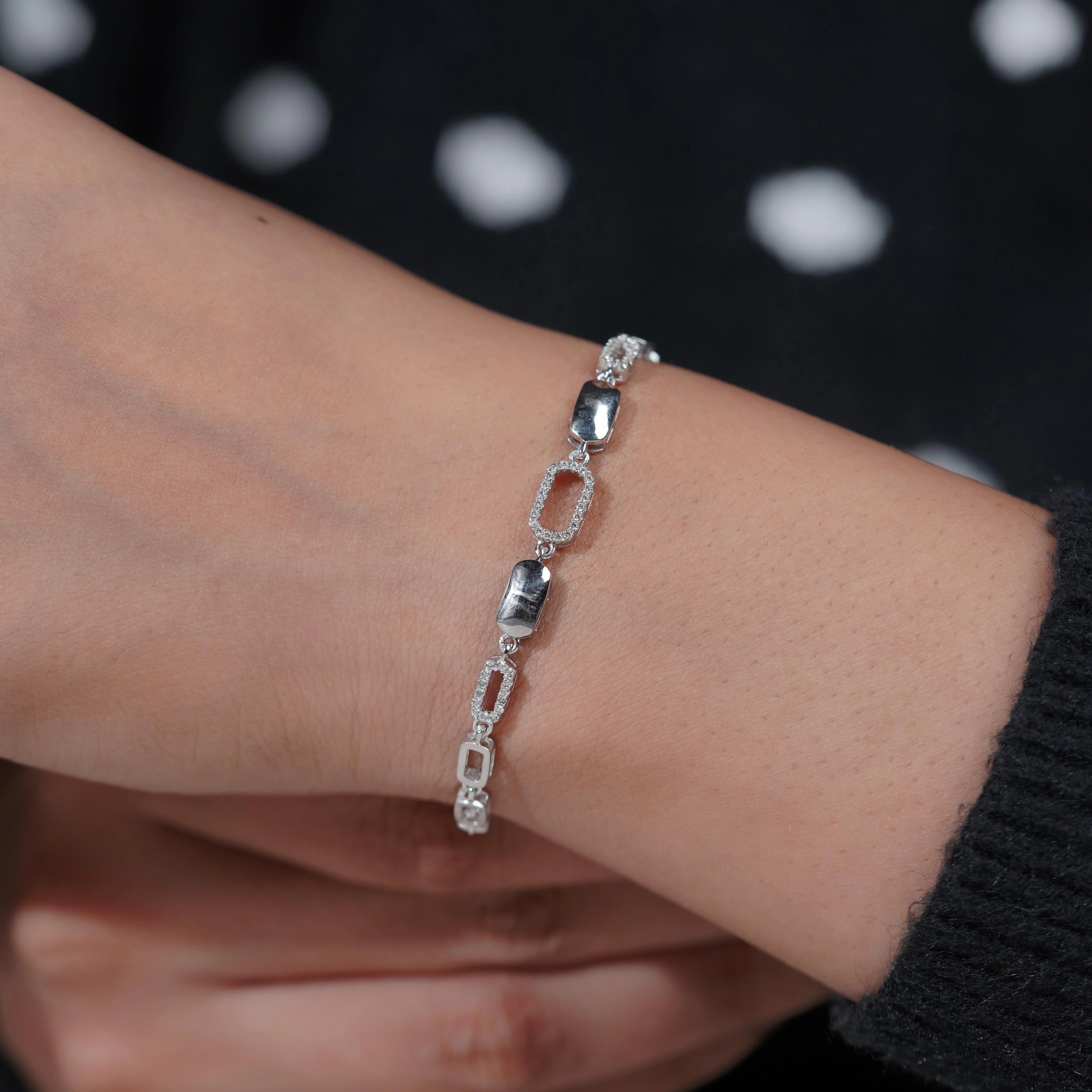 Geometric Link Diamond Adjustable Silver Bracelet for Women