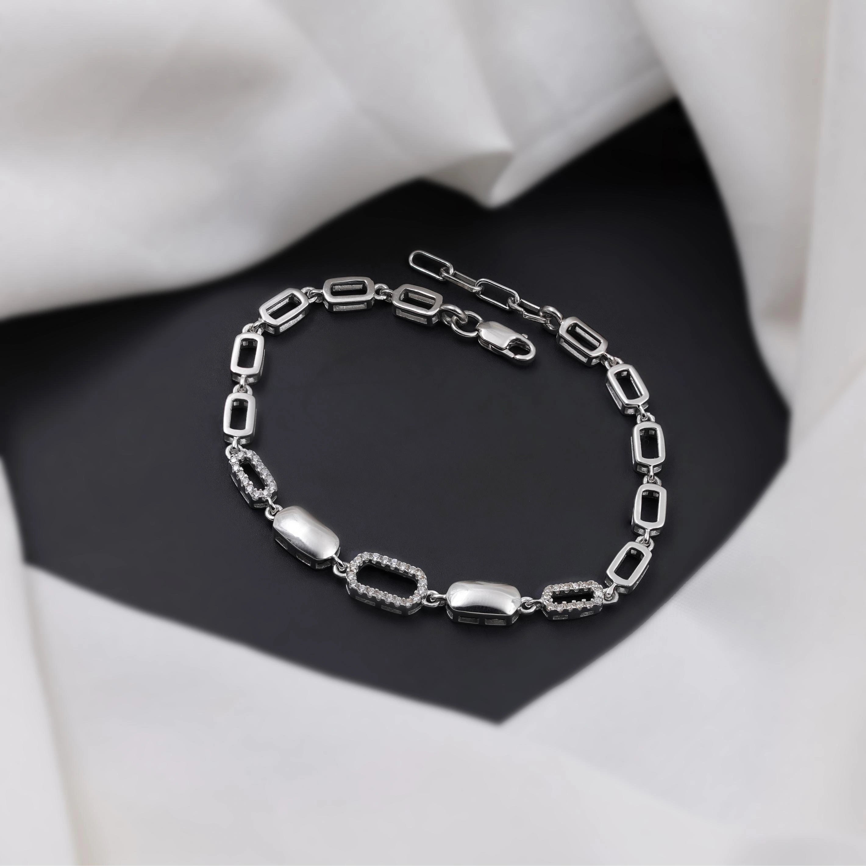 Geometric Link Diamond Adjustable Silver Bracelet for Women