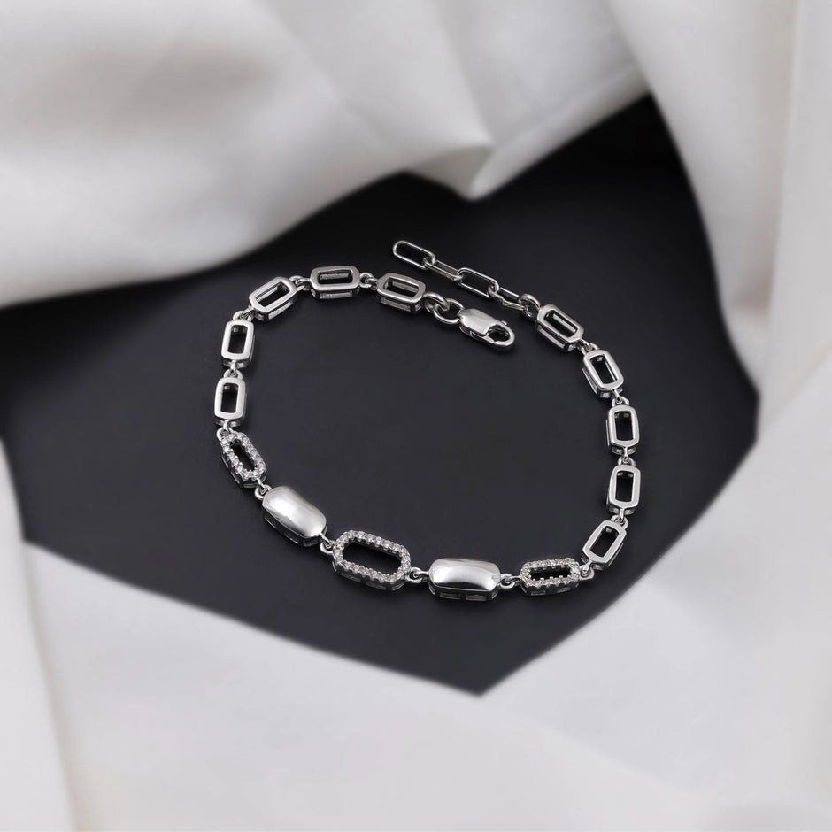 Geometric Link Diamond Adjustable Silver Bracelet for Women