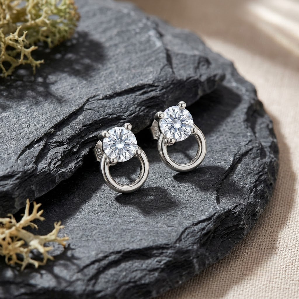 Round Solitaire CZ Diamond Loop 925 Sterling Silver Stud Earrings for Women