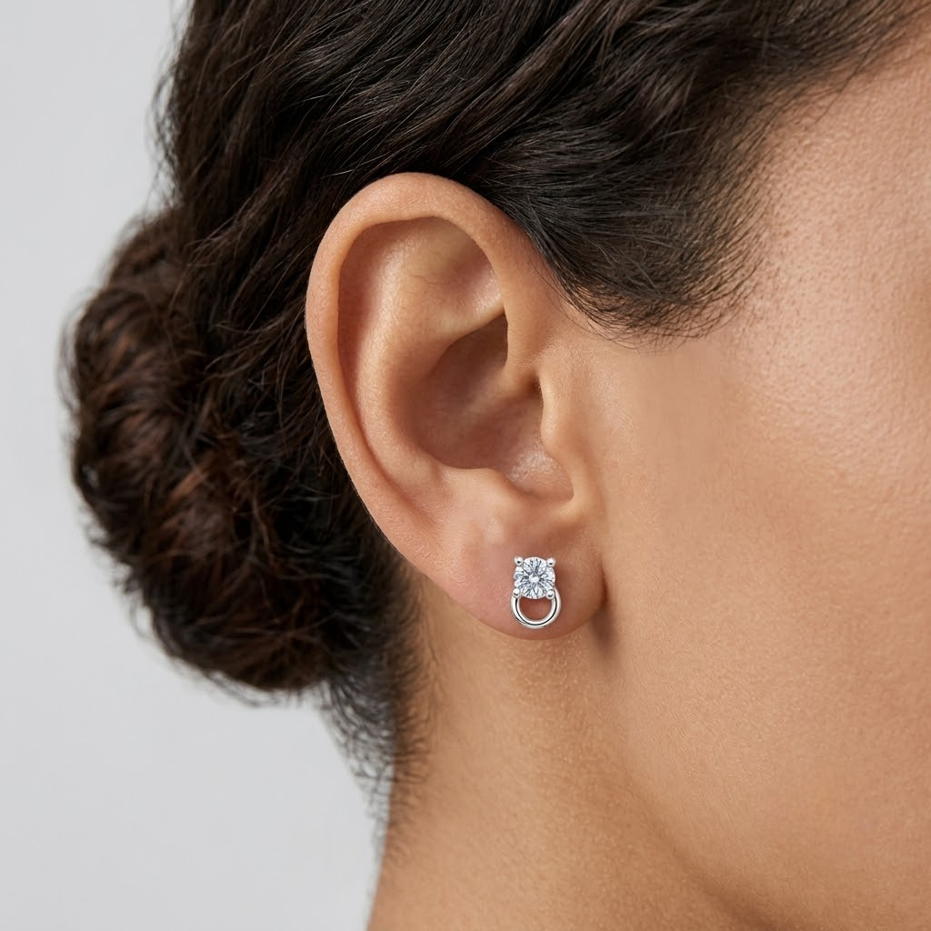 Round Solitaire CZ Diamond Loop 925 Sterling Silver Stud Earrings for Women
