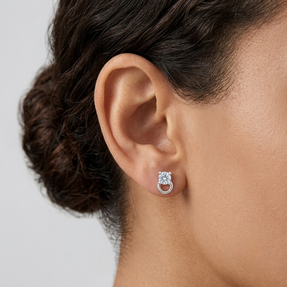 Round Solitaire CZ Diamond Loop 925 Sterling Silver Stud Earrings for Women