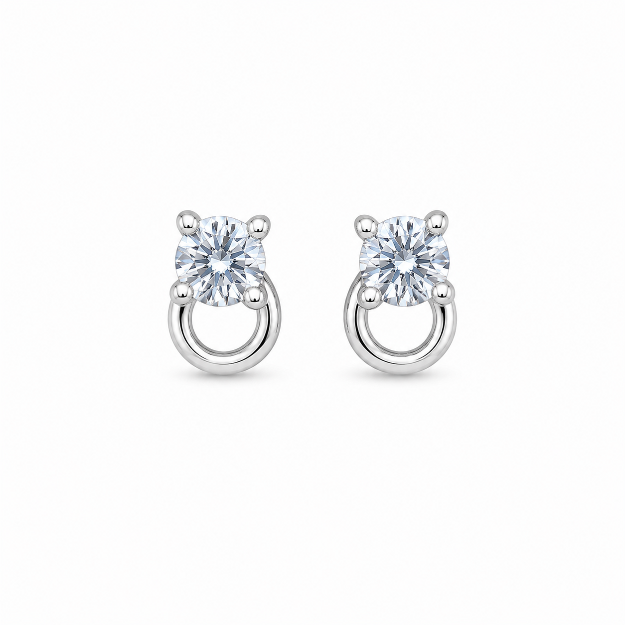 Round Solitaire CZ Diamond Loop 925 Sterling Silver Stud Earrings for Women