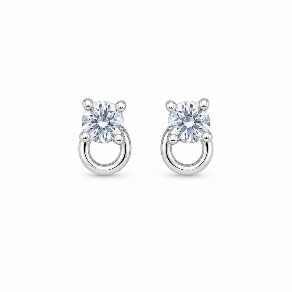 Round Solitaire CZ Diamond Loop 925 Sterling Silver Stud Earrings for Women
