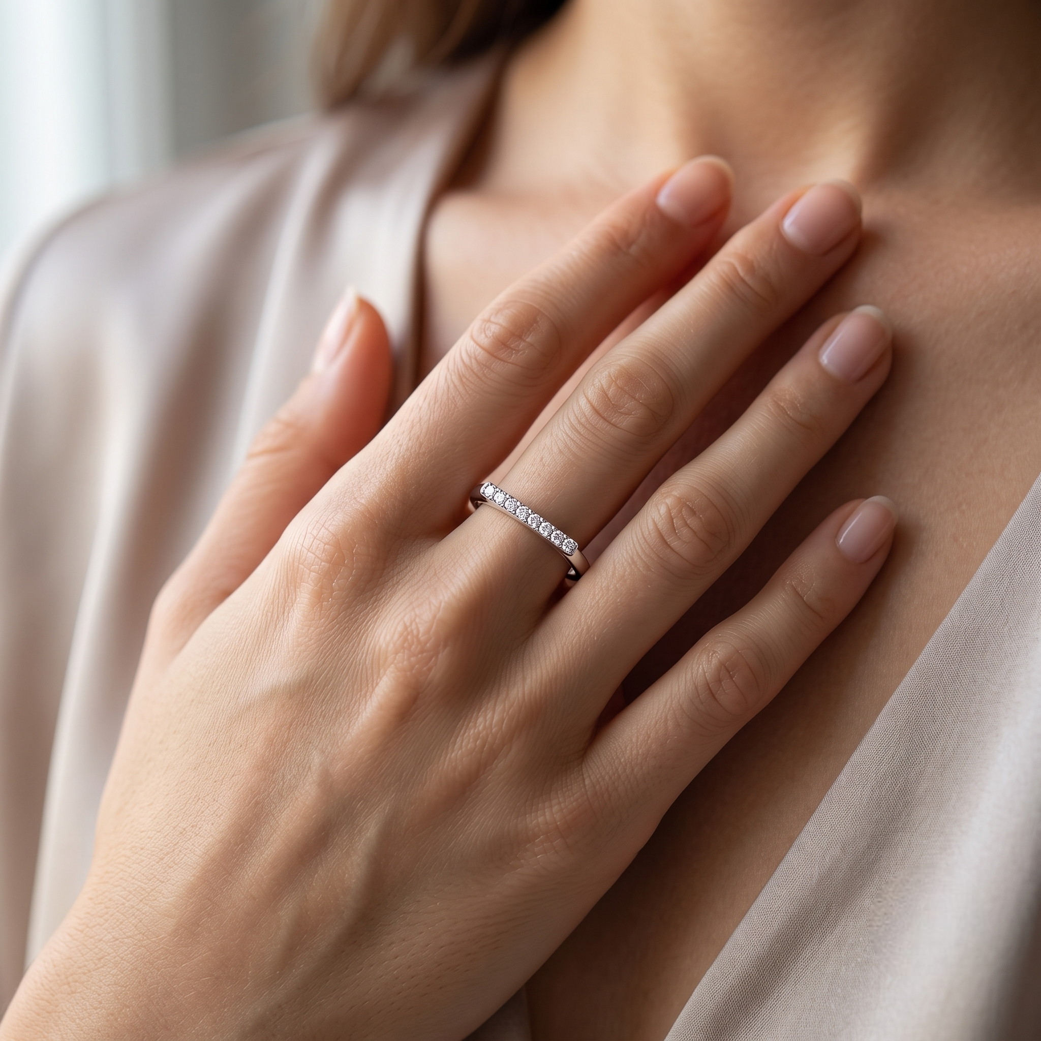925 Sterling Silver Pavé CZ Band Ring on Blue Slate Surface