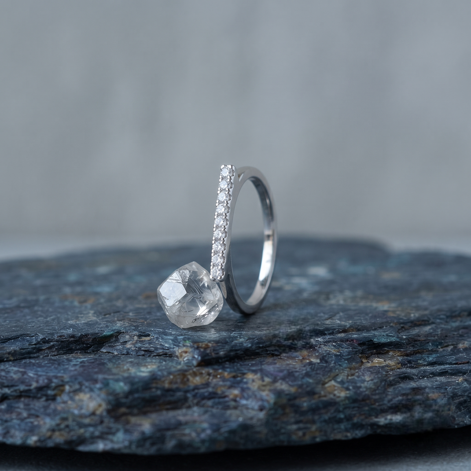 925 Sterling Silver Pavé CZ Band Ring on Blue Slate Surface