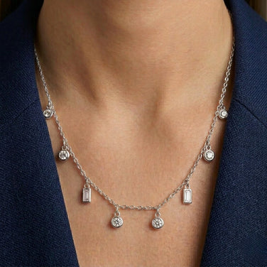 Mixed Round and Square Charm 925 Sterling Silver Chain Pendant for Women