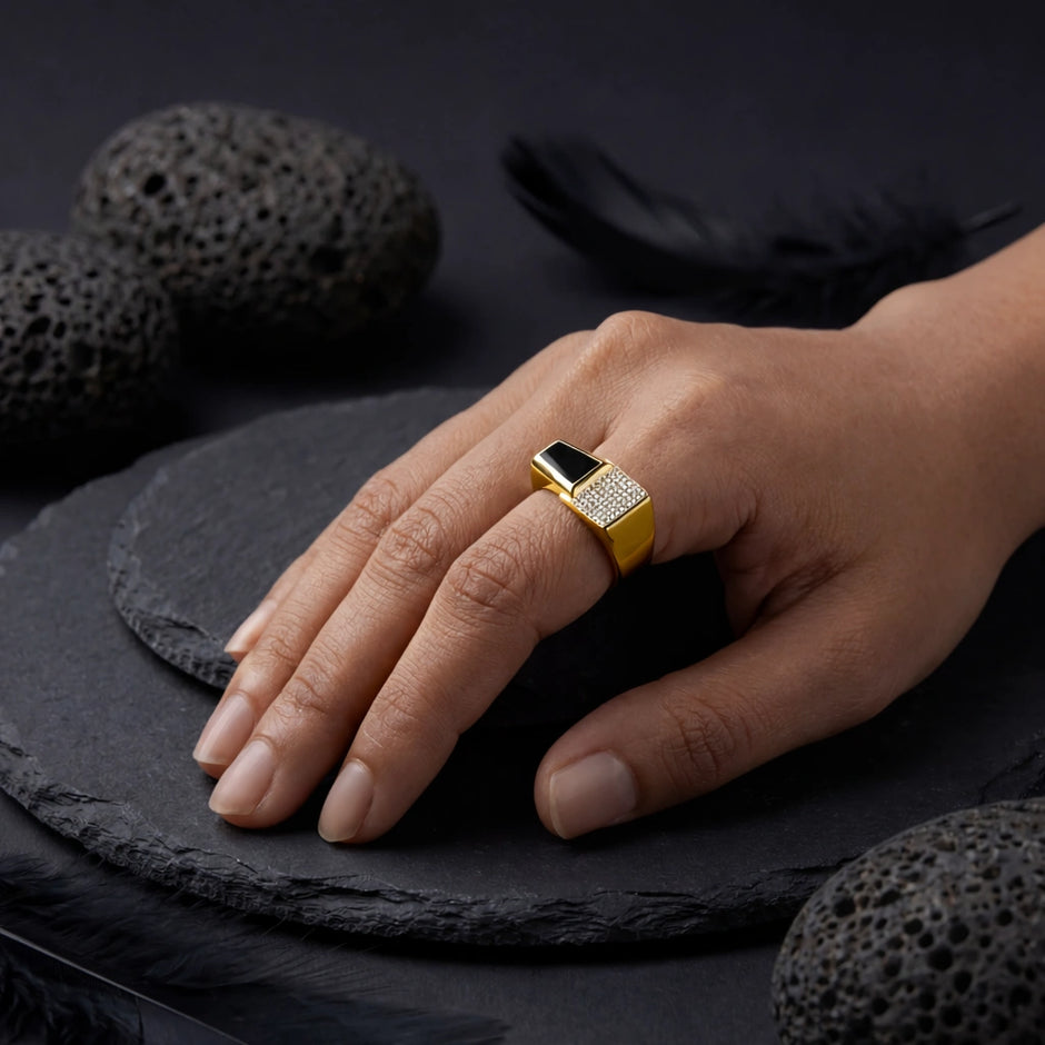 Modern Gold-Tone Ring with Black Stone for Men