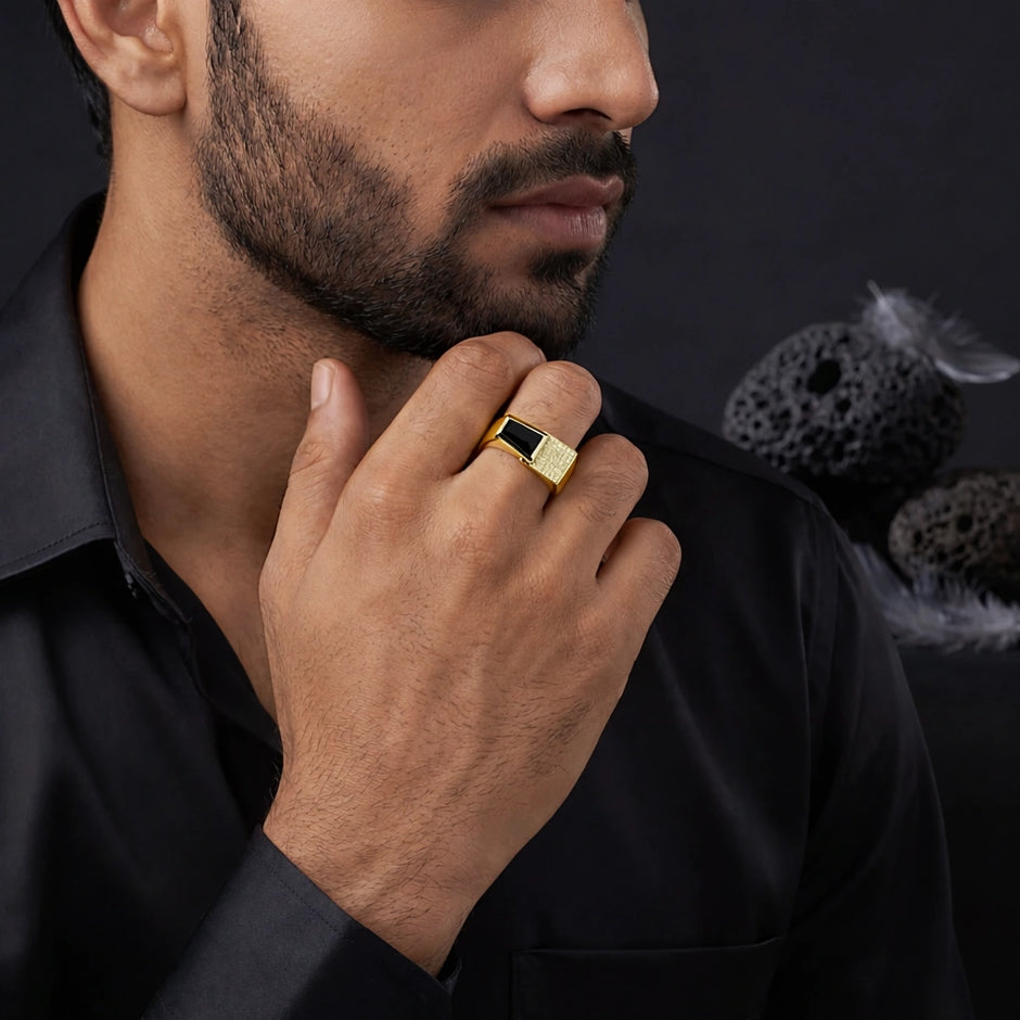 Modern Gold-Tone Ring with Black Stone for Men