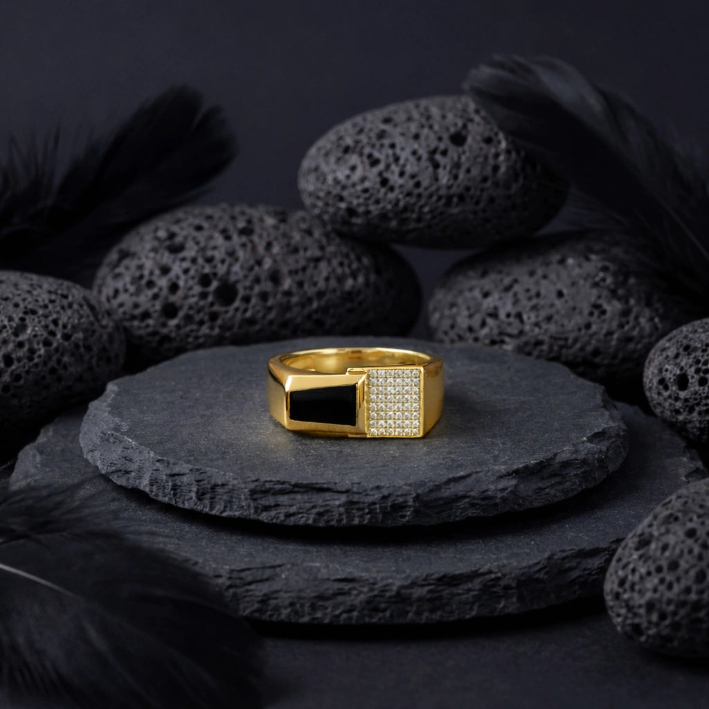 Modern Gold-Tone Ring with Black Stone for Men