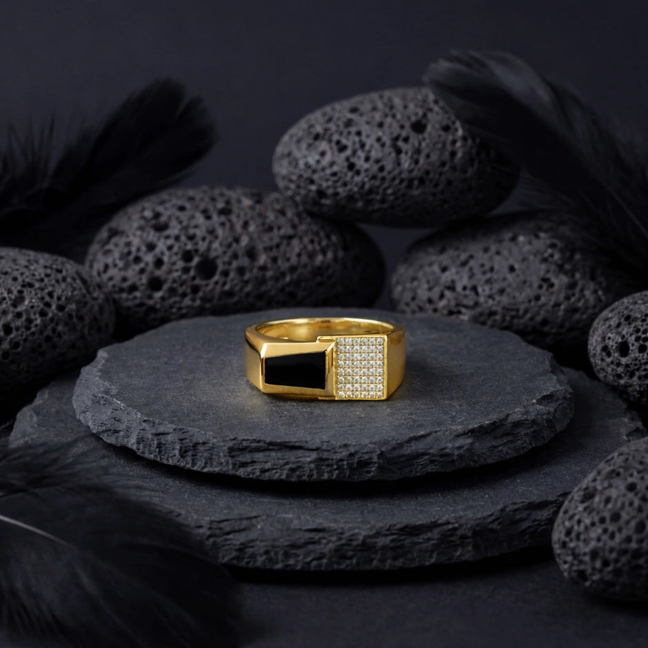 Modern Gold-Tone Ring with Black Stone for Men