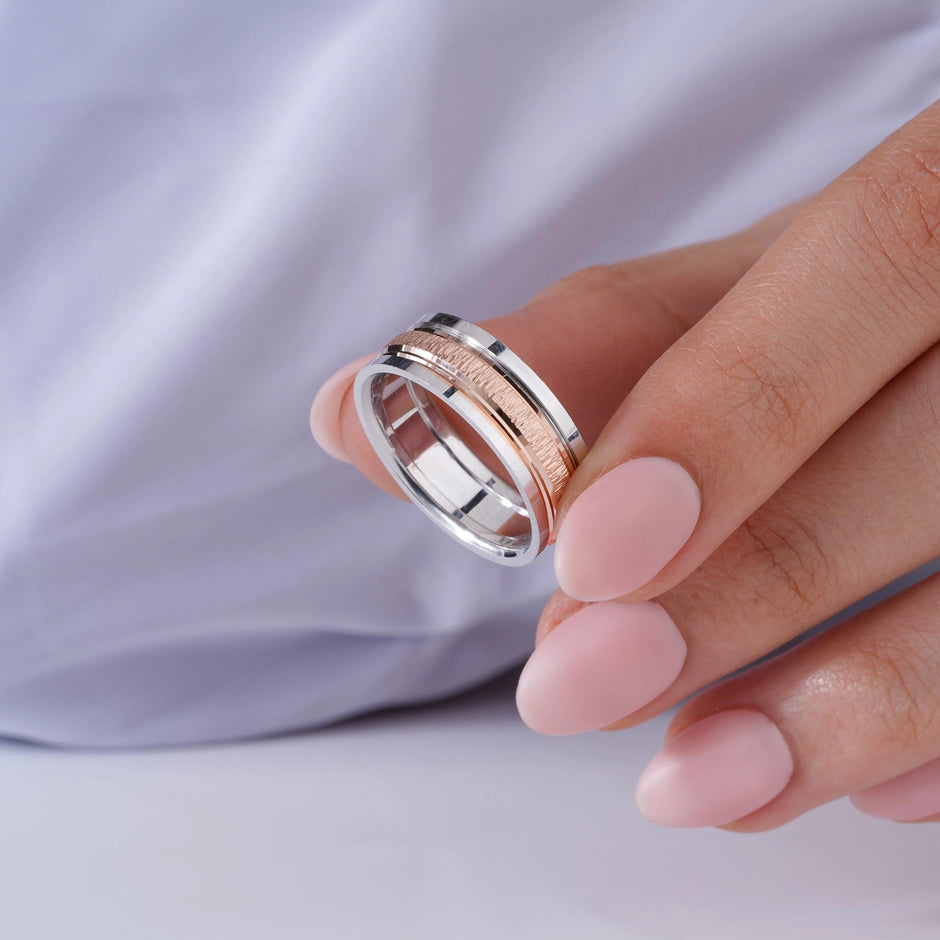 Minimalist Dual Tone Couple Band Rings in Silver & Rose Gold – Modern Promise Ring Set