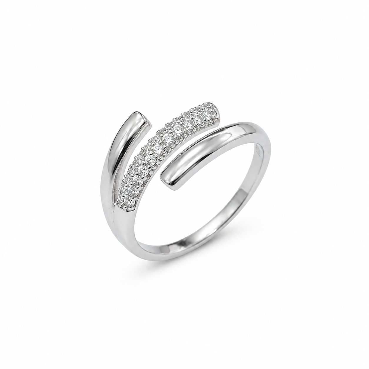 925 Sterling Silver Crossover Pavé CZ Open Wrap Ring