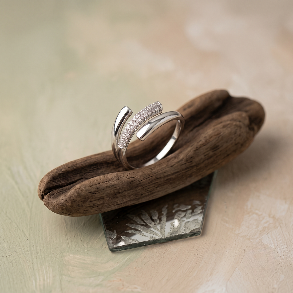 925 Sterling Silver Crossover Pavé CZ Open Wrap Ring