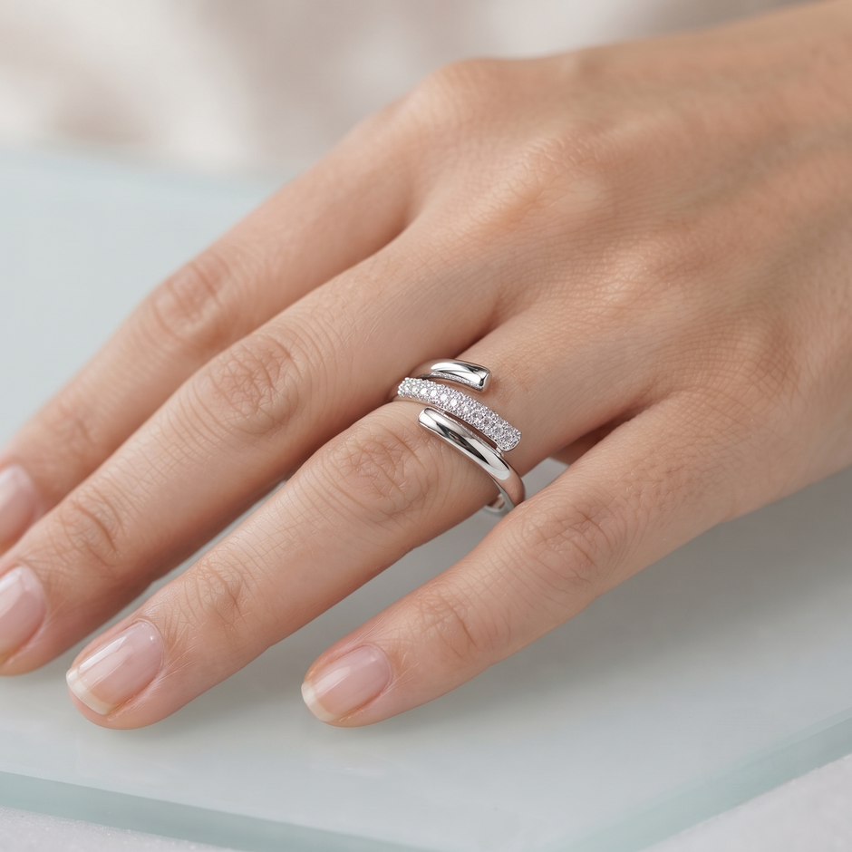 925 Sterling Silver Crossover Pavé CZ Open Wrap Ring