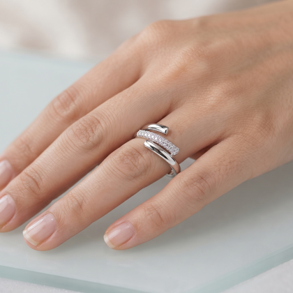 925 Sterling Silver Crossover Pavé CZ Open Wrap Ring