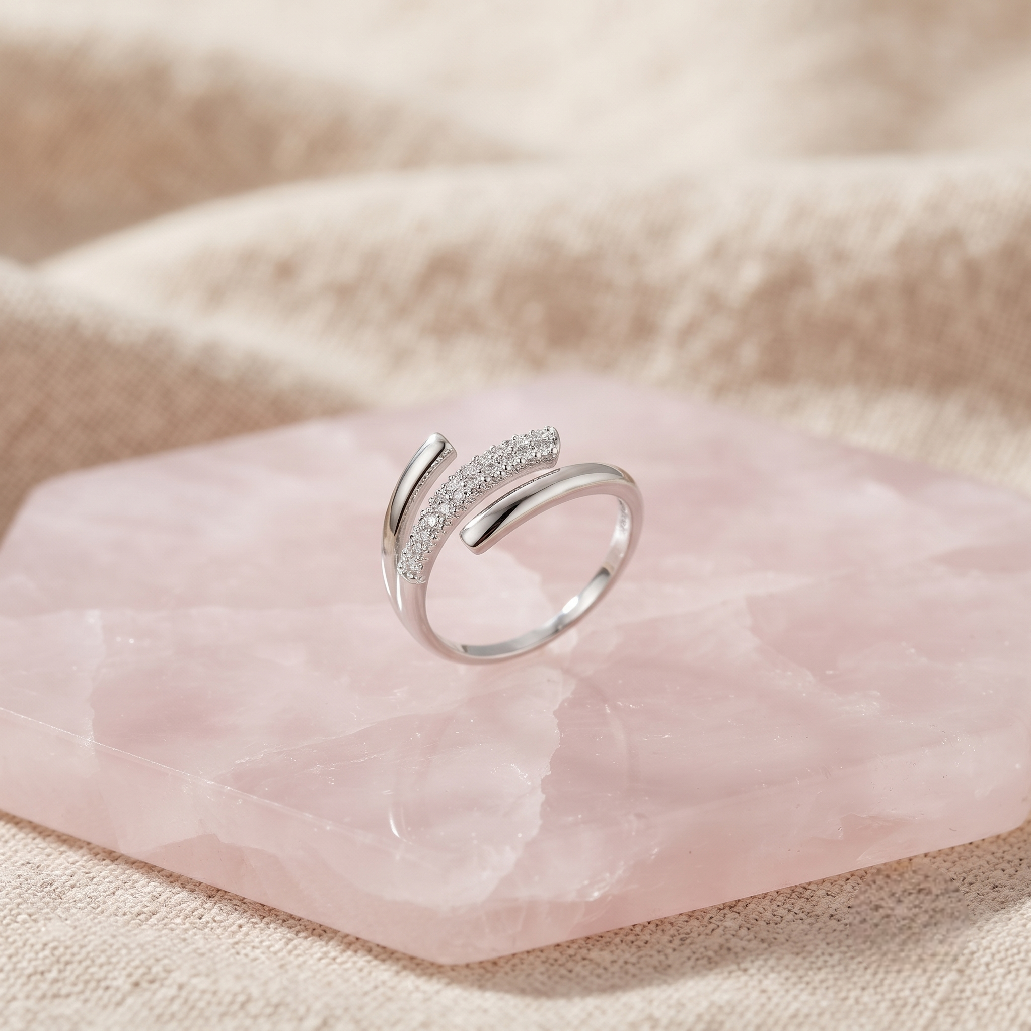 925 Sterling Silver Crossover Pavé CZ Open Wrap Ring