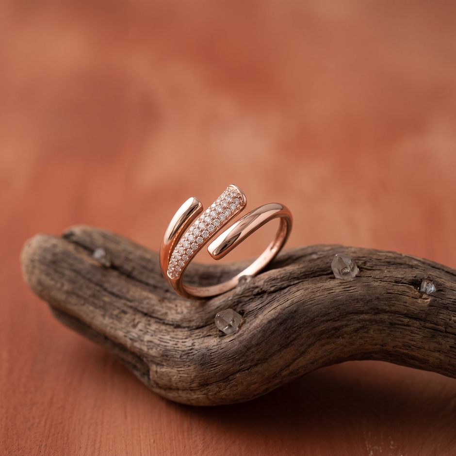 925 Sterling Silver Rose Gold Pavé Crossover Open Ring