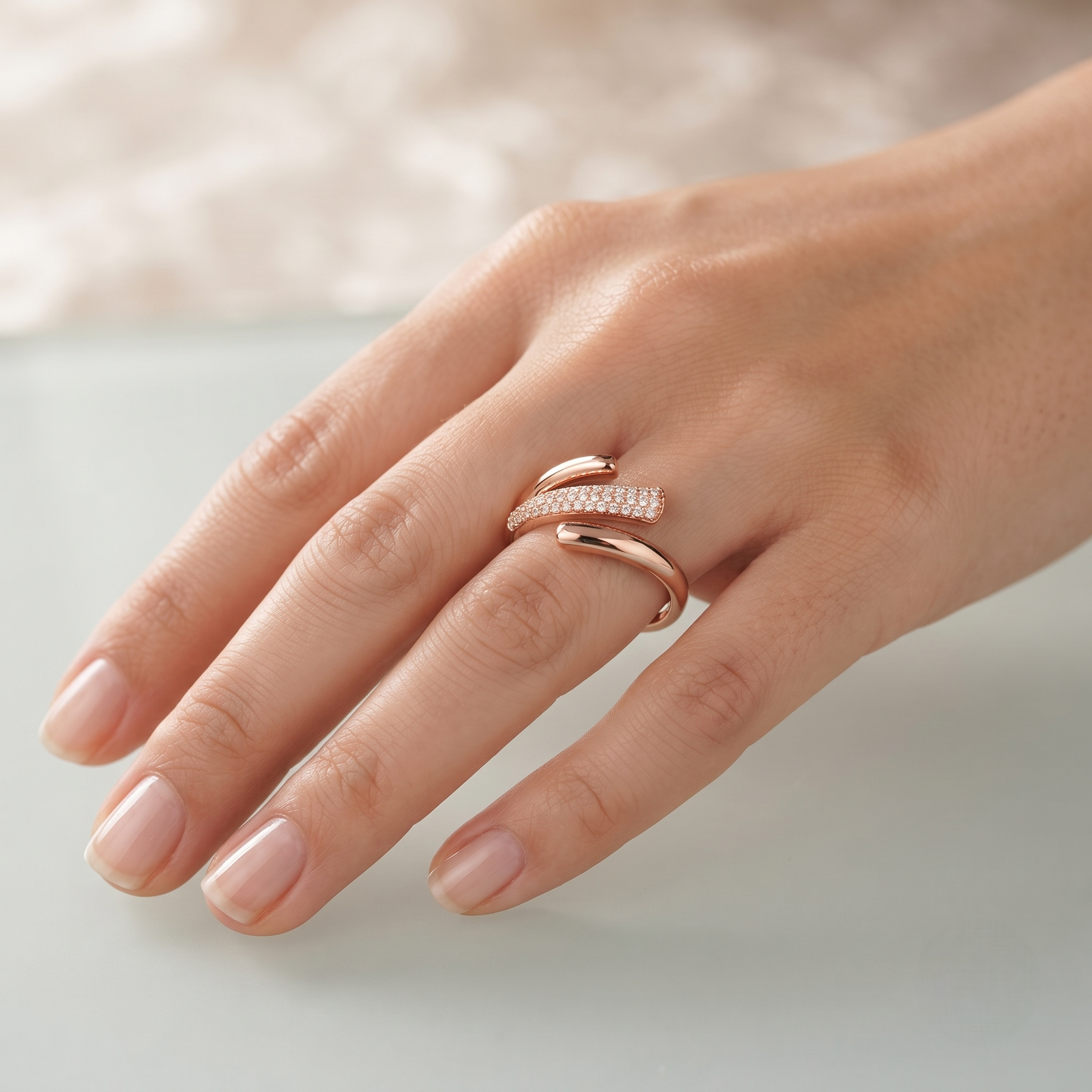 925 Sterling Silver Rose Gold Pavé Crossover Open Ring