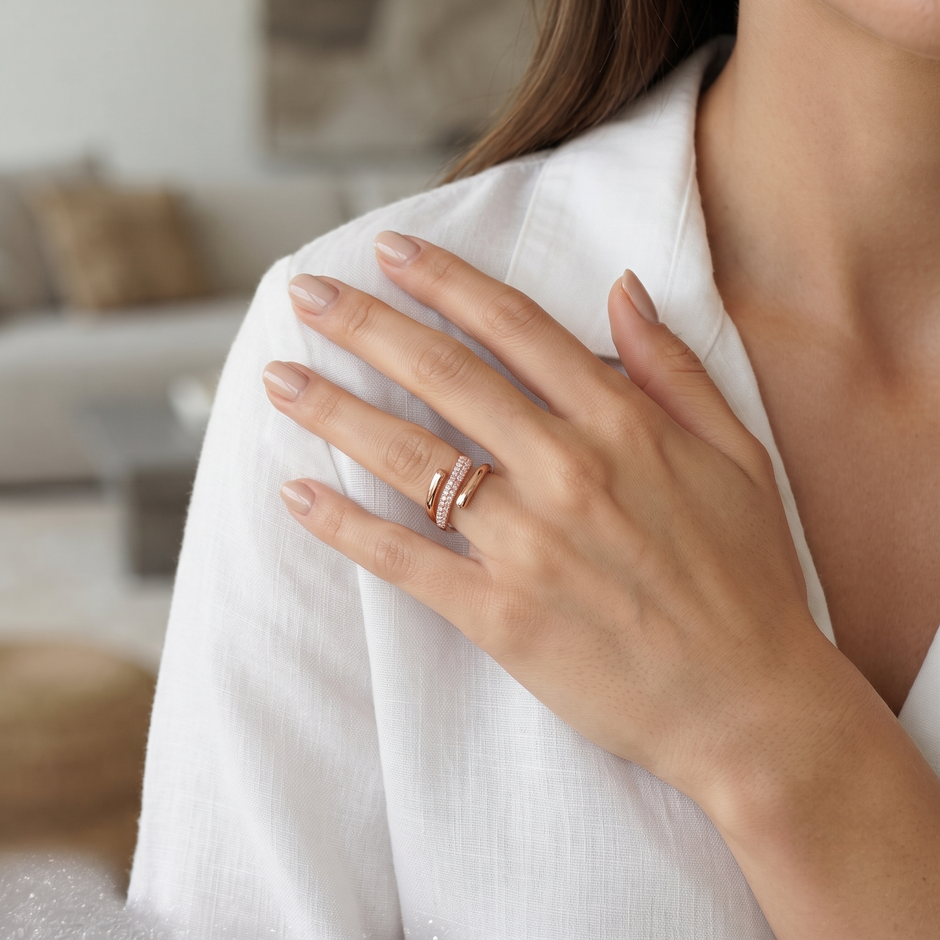 925 Sterling Silver Rose Gold Pavé Crossover Open Ring