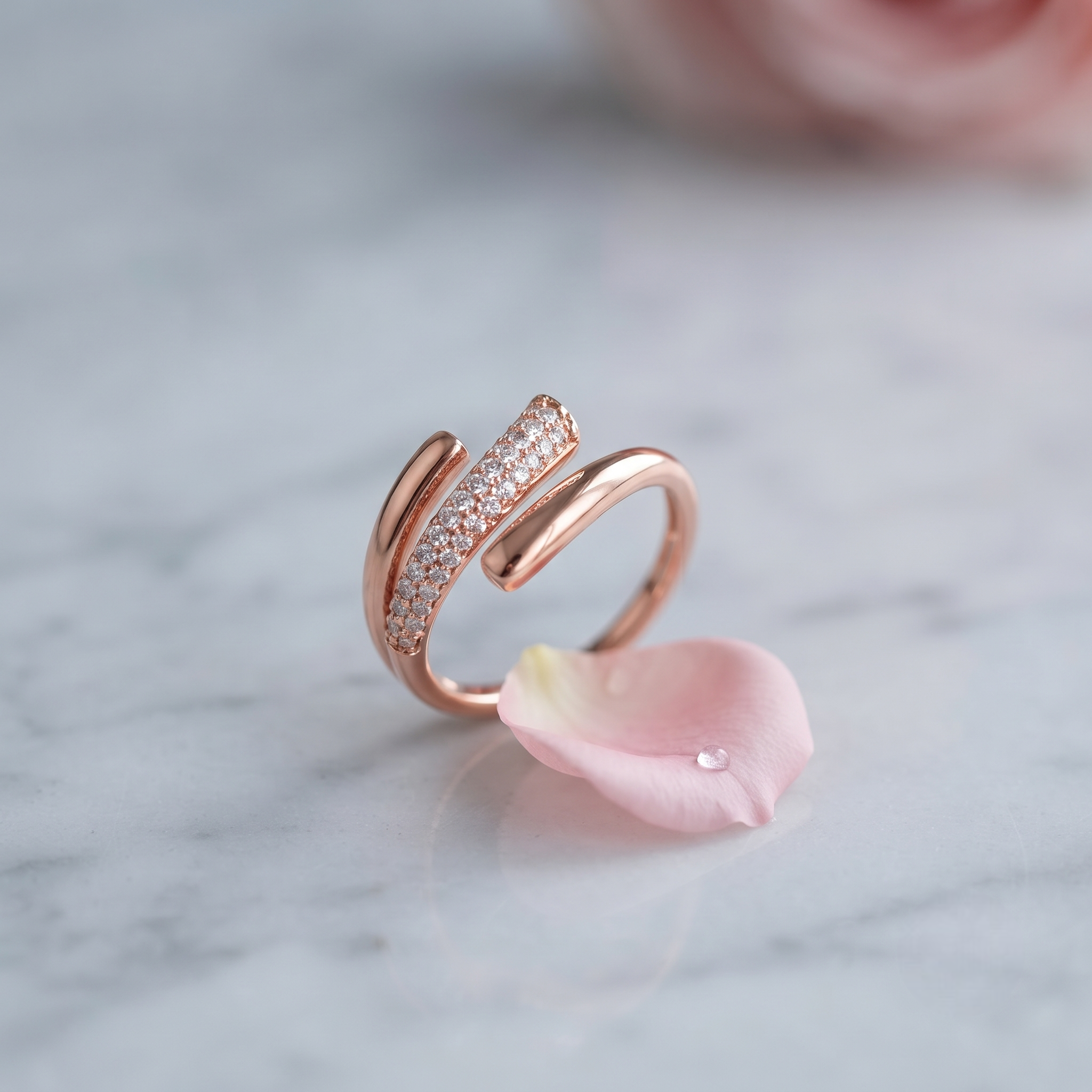 925 Sterling Silver Rose Gold Pavé Crossover Open Ring