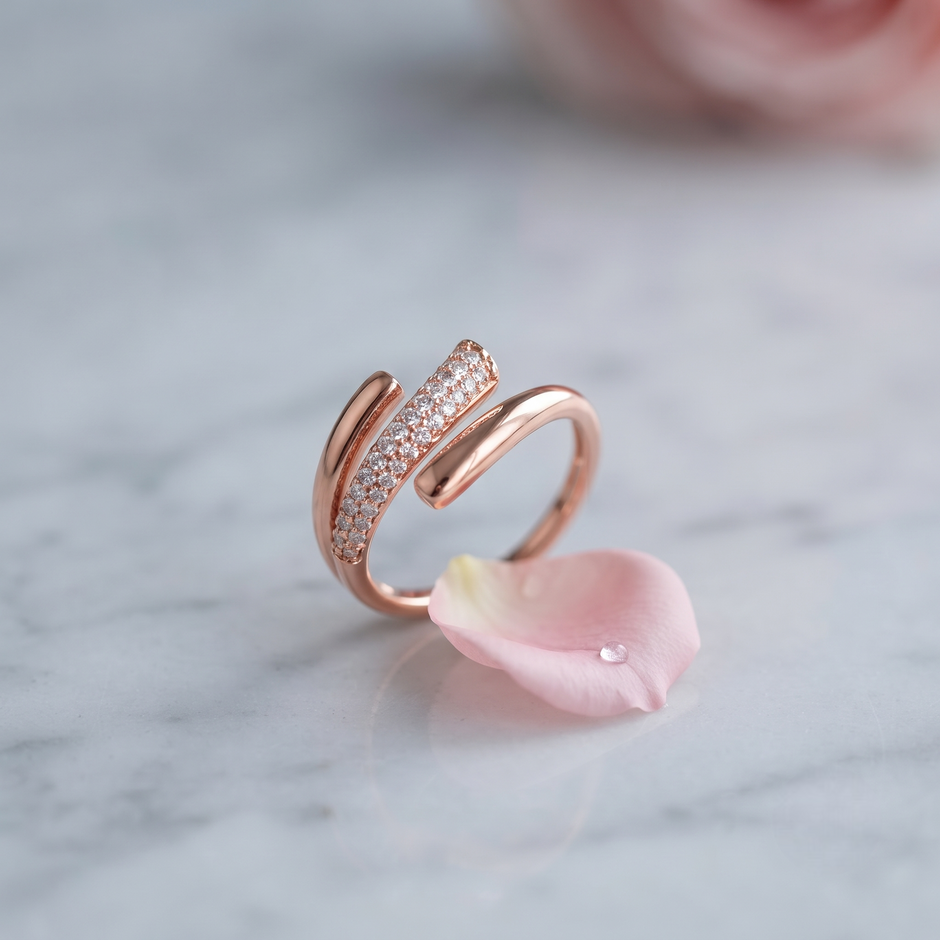 925 Sterling Silver Rose Gold Pavé Crossover Open Ring