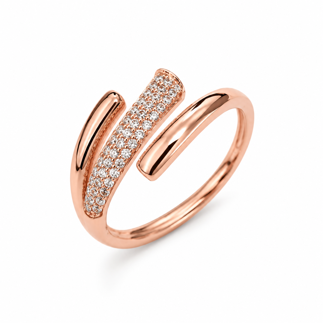 925 Sterling Silver Rose Gold Pavé Crossover Open Ring