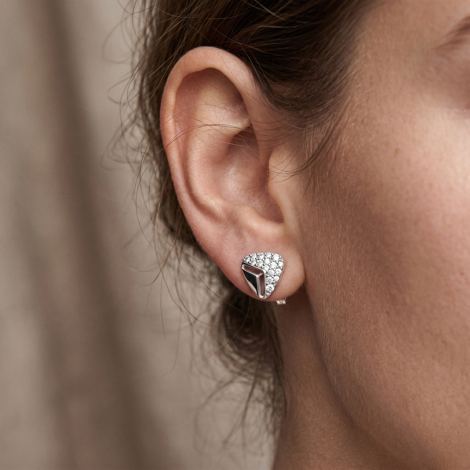 Modern Chevron CZ Diamond 925 Sterling Silver Stud Earrings for Women