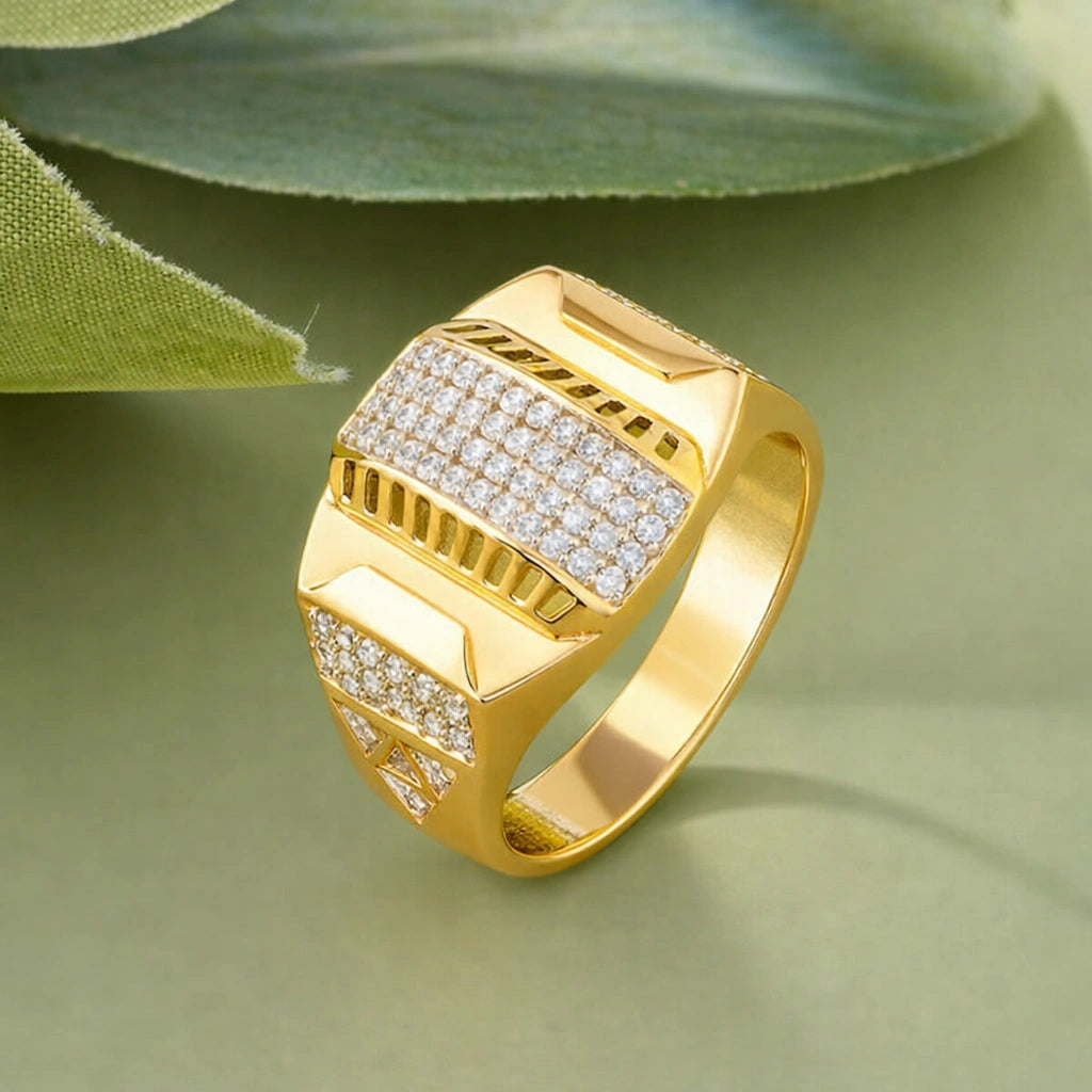 Bold Luxe Diamond CZ Gold Plated 925 Sterling Silver Ring for Men 