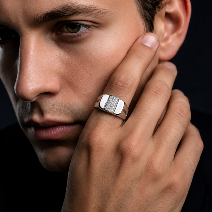 Premium Sterling Silver Ring for Men with Rectangular CZ Diamonds