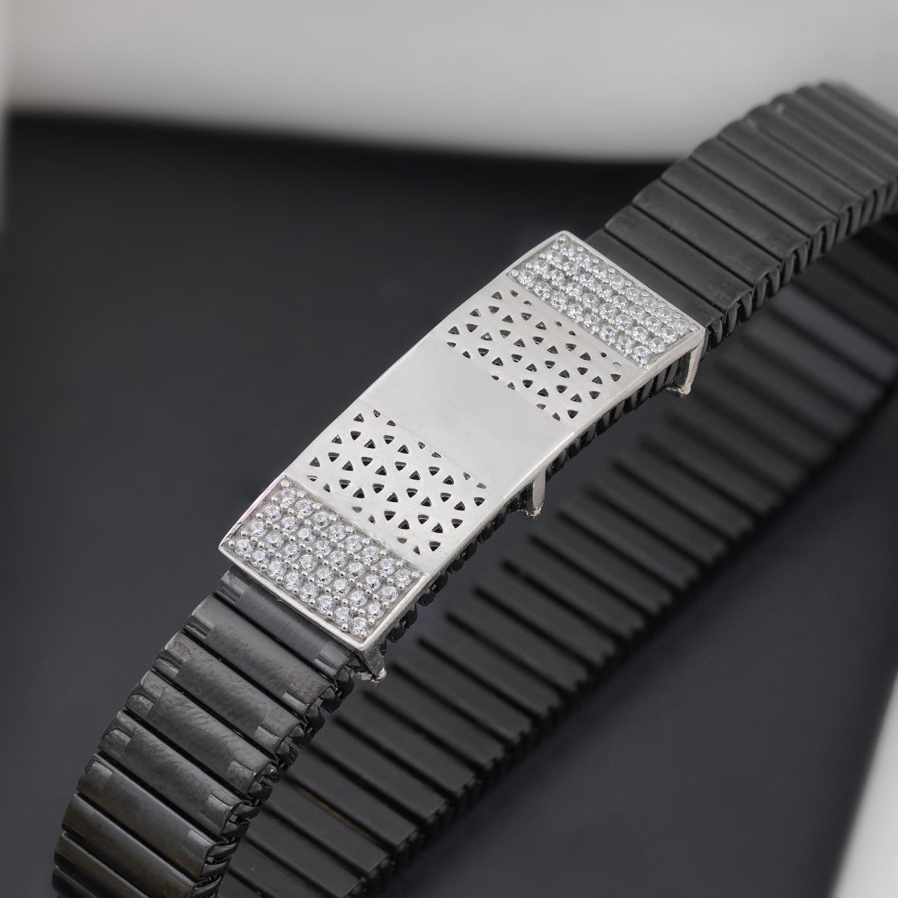 Black Rubber CZ 925 Sterling Silver Bracelet for Men