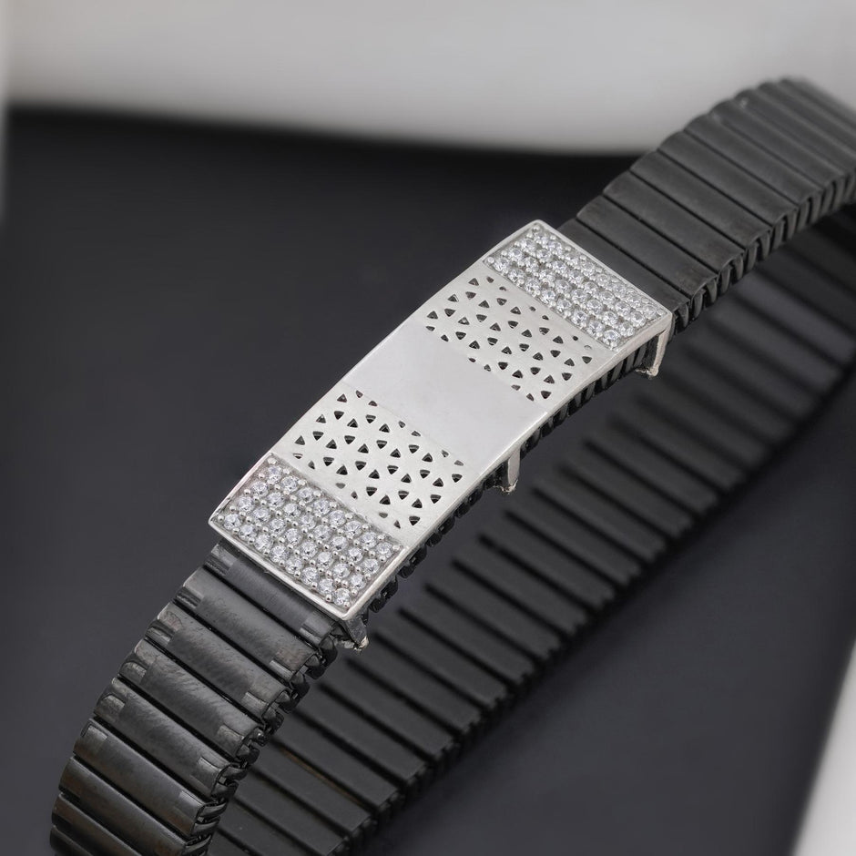 Black Rubber CZ 925 Sterling Silver Bracelet for Men