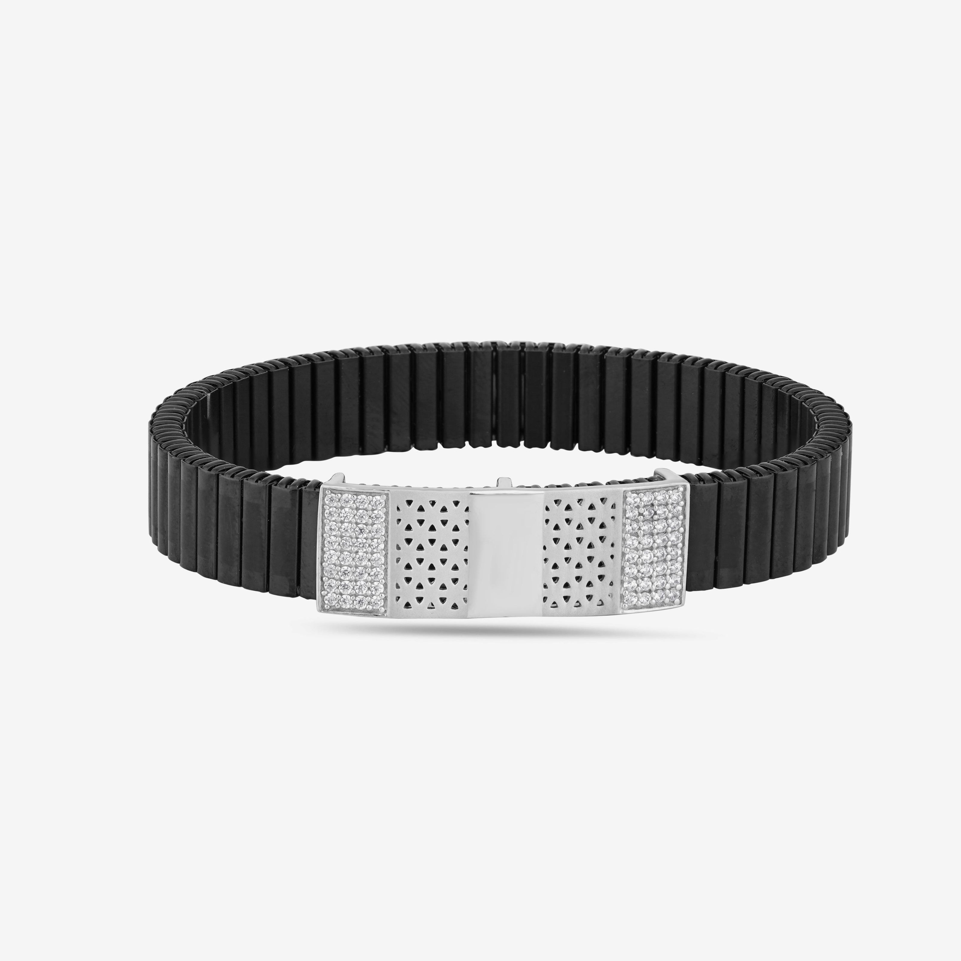 Black Rubber CZ 925 Sterling Silver Bracelet for Men