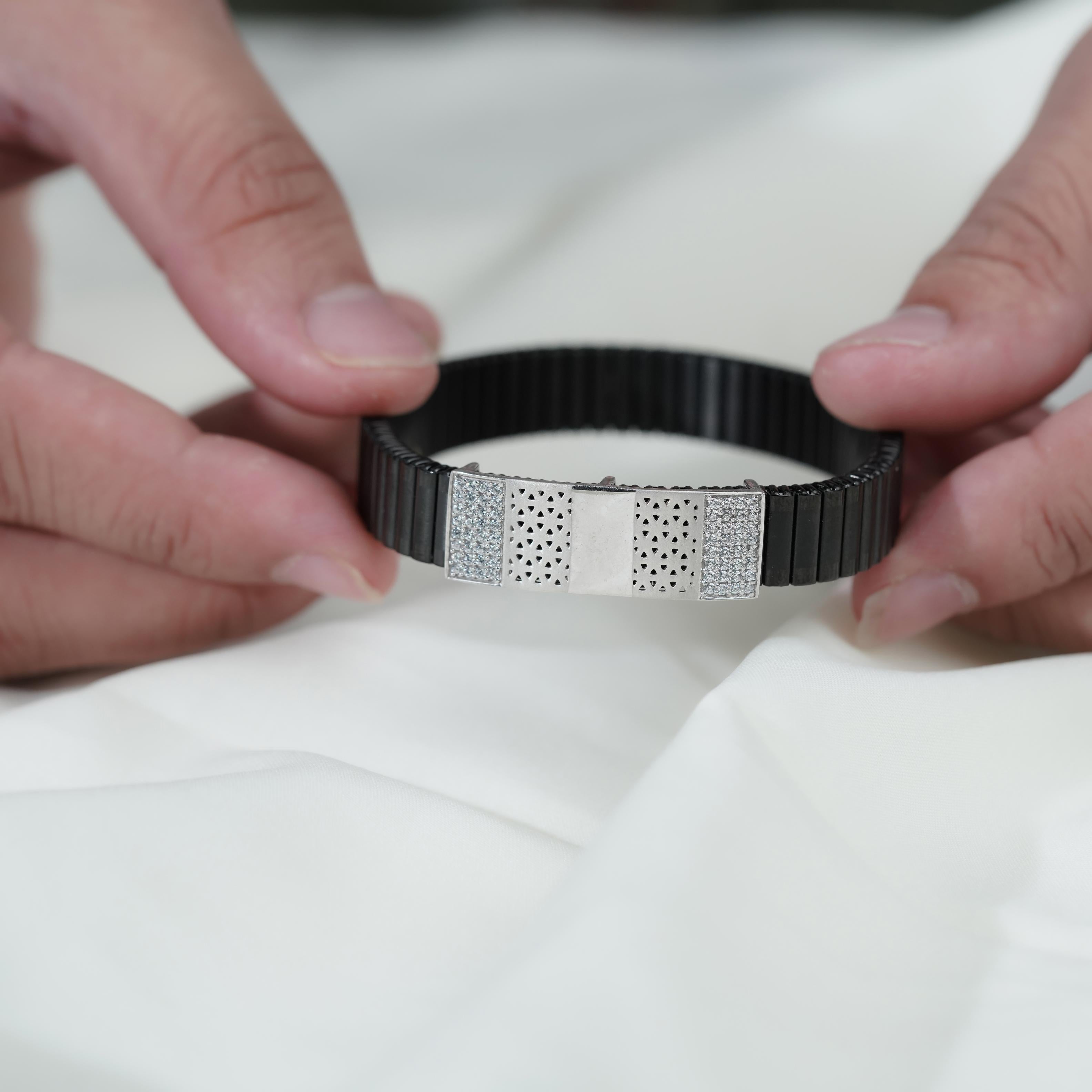 Black Rubber CZ 925 Sterling Silver Bracelet for Men