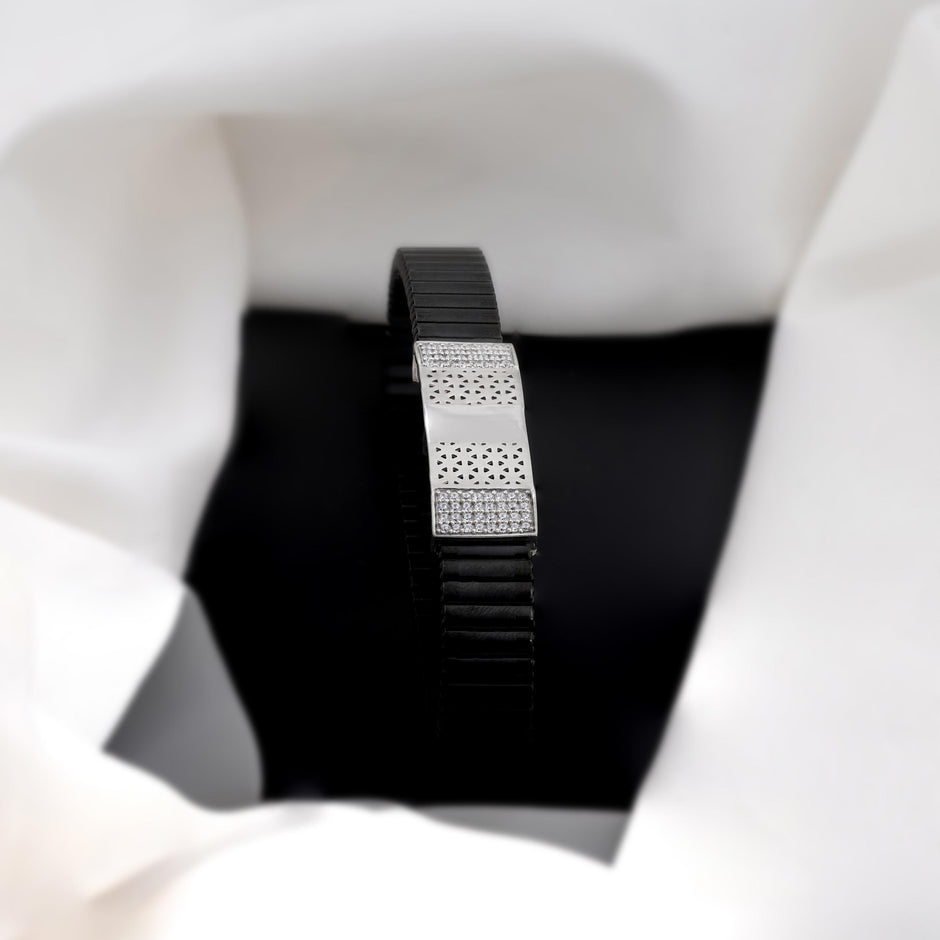 Black Rubber CZ 925 Sterling Silver Bracelet for Men