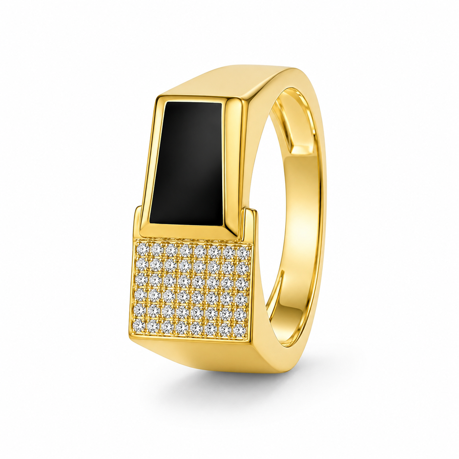 Men's Rose Gold Black Onyx Rectangle Ring in 925 Sterling Silver with CZ Diamonds