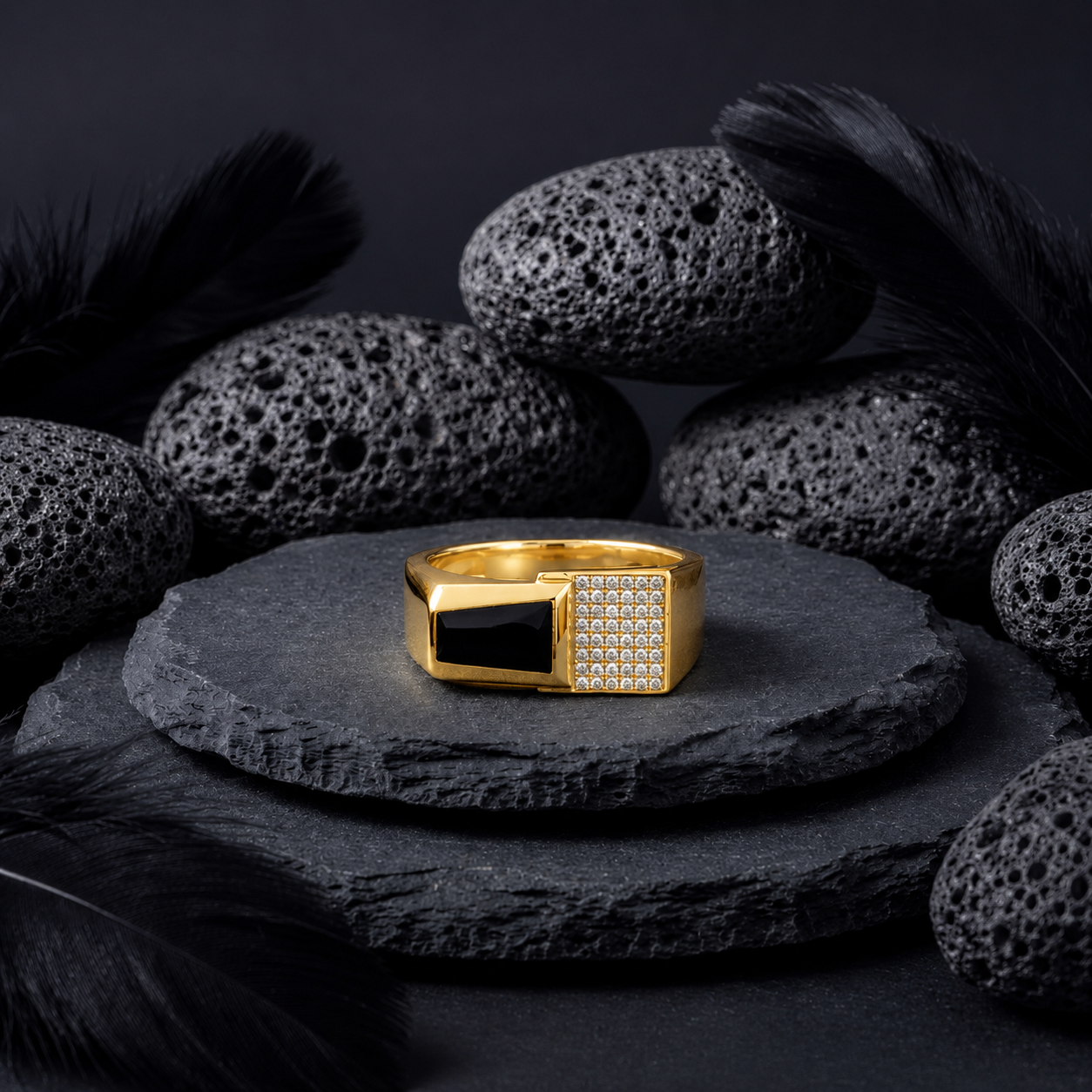 Men's Rose Gold Black Onyx Rectangle Ring in 925 Sterling Silver with CZ Diamonds
