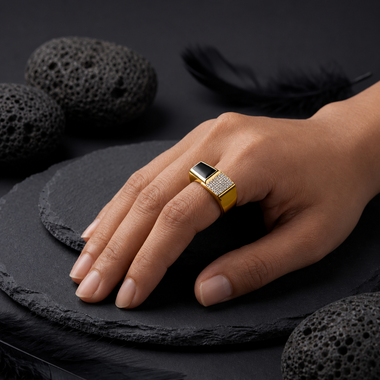 Men's Rose Gold Black Onyx Rectangle Ring in 925 Sterling Silver with CZ Diamonds