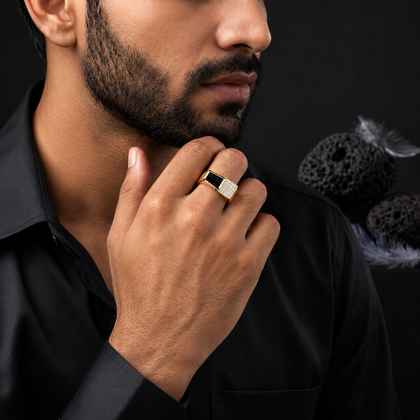 Men's Rose Gold Black Onyx Rectangle Ring in 925 Sterling Silver with CZ Diamonds