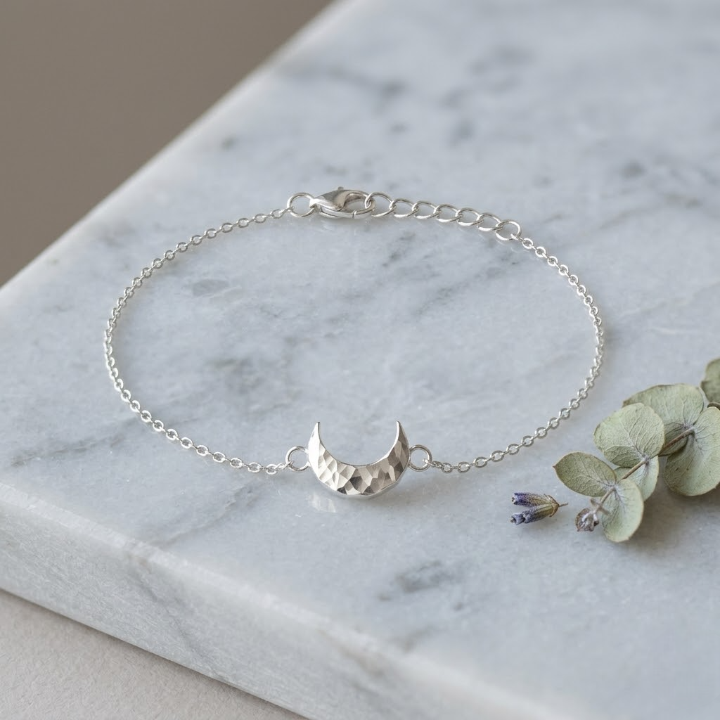 925 Sterling Silver Textured Crescent Moon Bracelet for Women