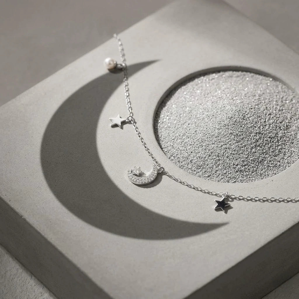 Moon & Star Charm 925 Sterling Silver Bracelet for Women