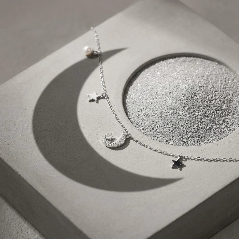 Moon & Star Charm 925 Sterling Silver Bracelet for Women